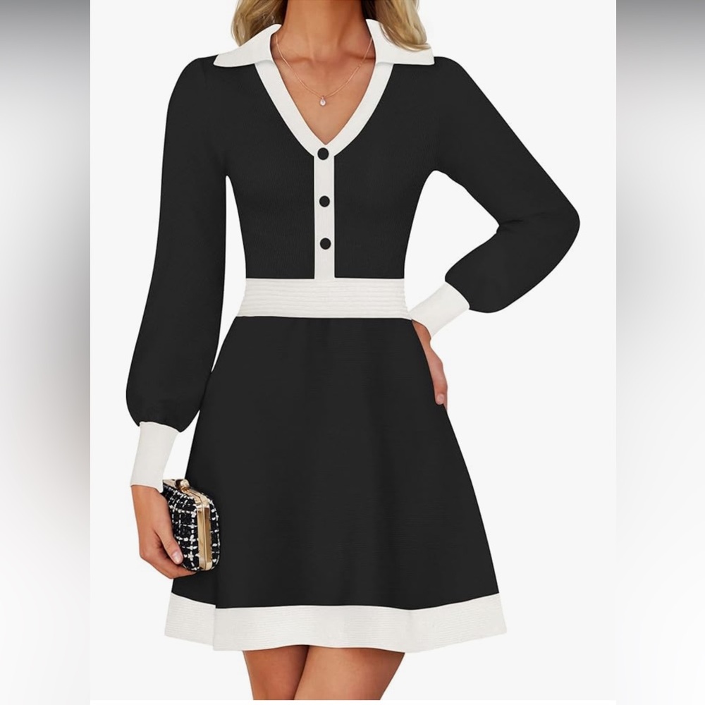 ZESICA Women's Spring Long Sleeve V Neck Sweater Dress Collar Knit Mini Dresses